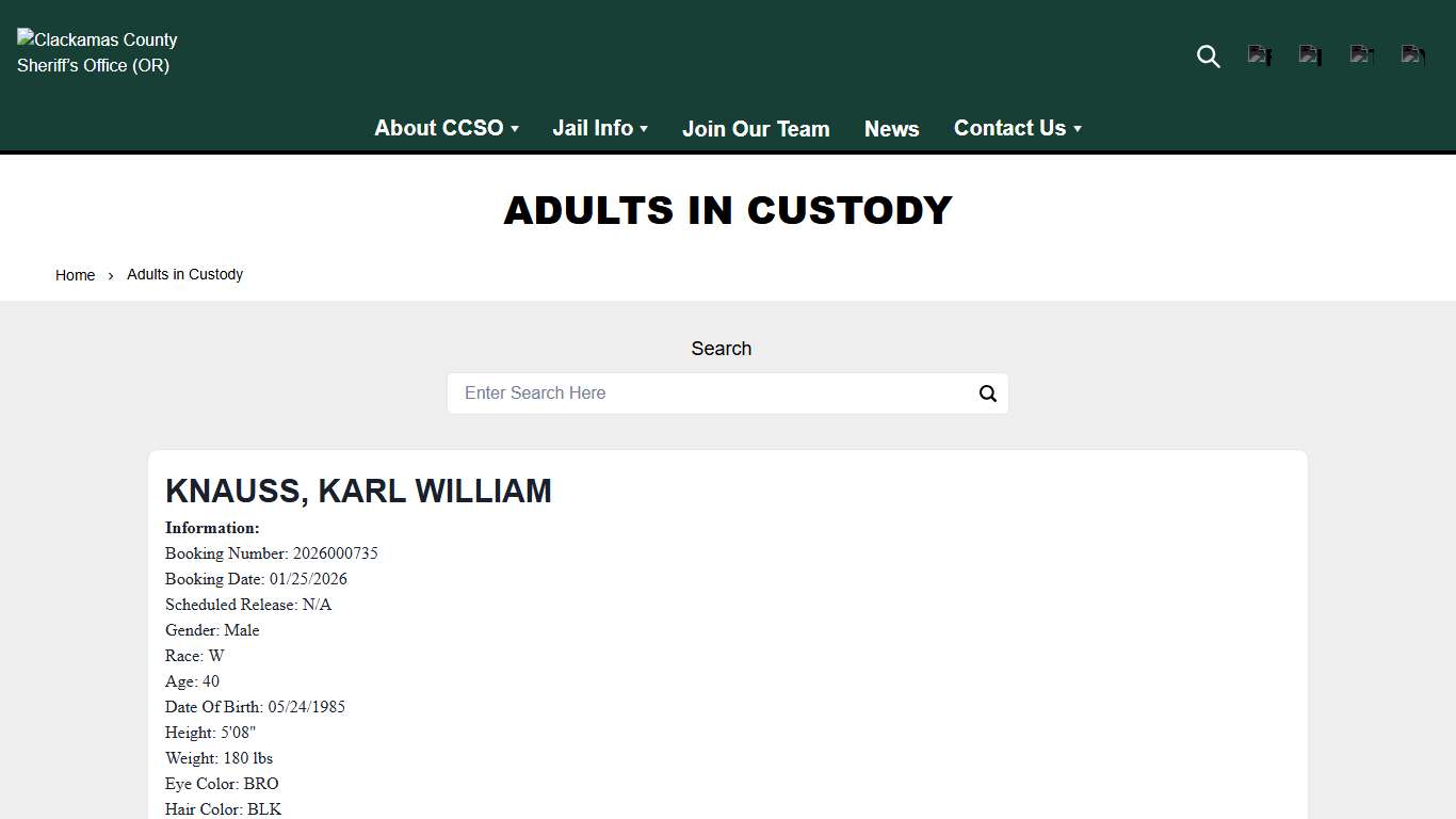 Adults in Custody Clackamas County Sheriff’s Office (OR)